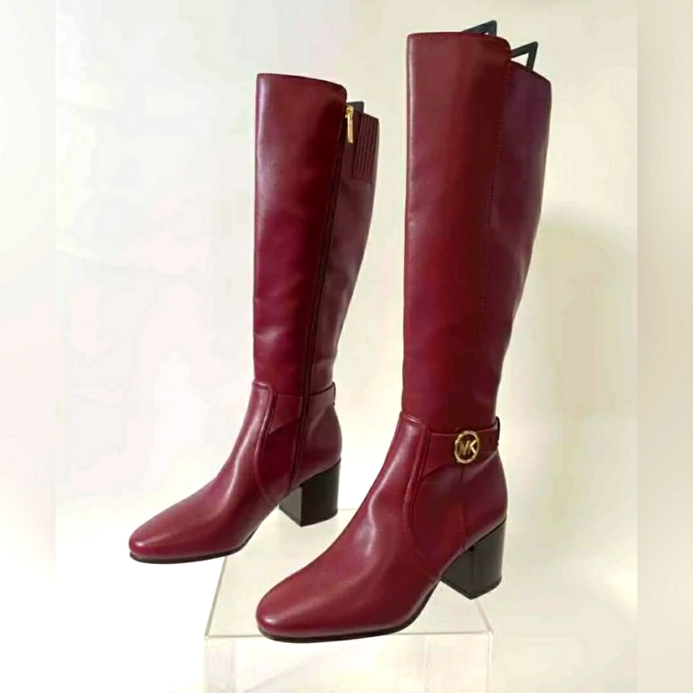 NEW Michael Kors MK Carmen Designer Leather Dark Red Riding Heel Boots - Size 6